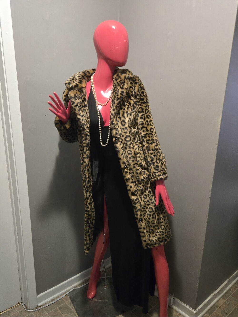 Faux Fur Leopard Print Long Coat - Brown